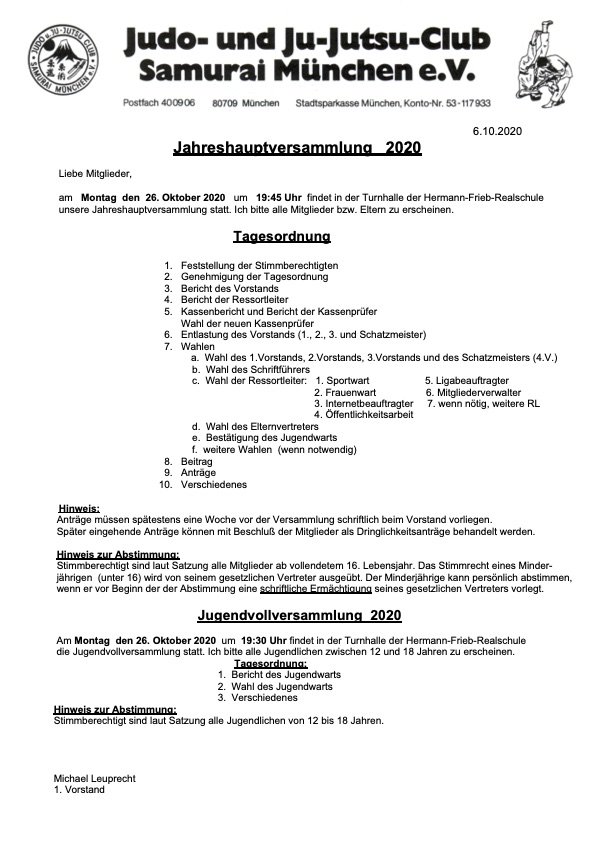 Einladung JHV 2020 Nachholtermin mit Tagesordnung